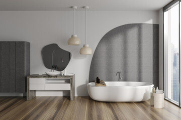Fototapeta na wymiar Cozy bathroom interior with sink and accessories, panoramic window