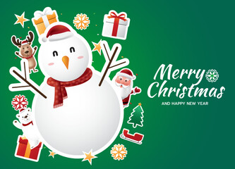 Fototapeta na wymiar White bear and the gang with gift box in green background. Christmas greetings. Merry Christmas and happy New Year. Vector illustrator