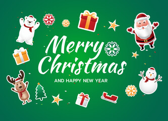 Merry Christmas and happy new year greeting card with cartoon character gift box in green background