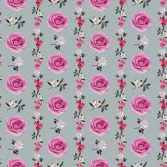 Seamless floral pattern, pink roses, drawing, paint texture.