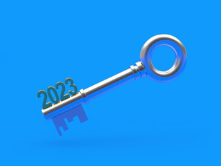 Silver key with the number 2023 on a blue background. 3D illustration