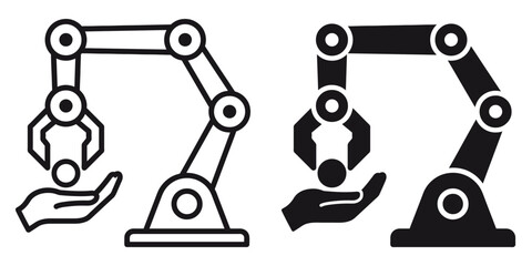 ofvs195 OutlineFilledVectorSign ofvs - human cobot collaboration vector icon . robotic arm . job . hand . automation . isolated transparent . black outline and filled version . AI 10 / EPS 10 . g11534 - obrazy, fototapety, plakaty