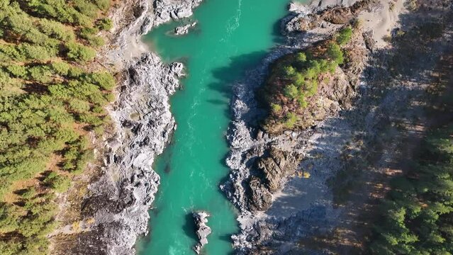 Aerial view Altai turquoise Katun river