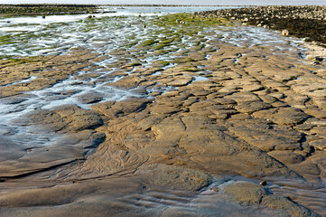 Stones and slabs at low tide on Lilstock beach, Somerset.