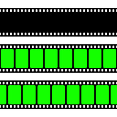 Realistic blank film strip, camera roll. Old retro cinema movie strip with green chroma key background. Analog video recording and photography. Visual effects compositing. Vector illustration