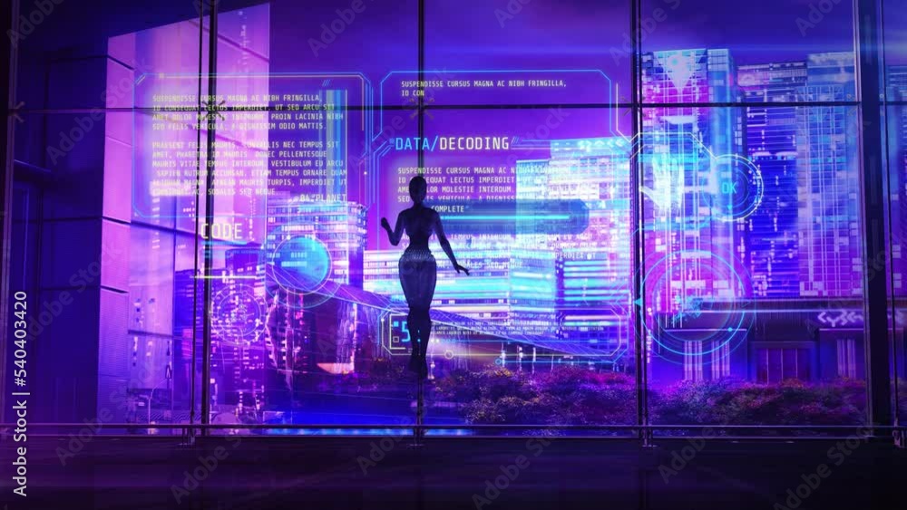 Poster artificial intelligence of the future decodes information, 3d render.
