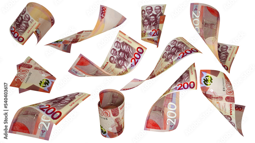 Aufkleber 3D rendering of 200 Ghanaian cedi notes flying in different angles and orientations isolated on white background