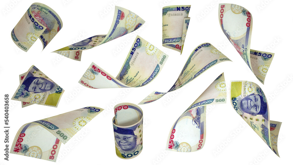 Poster 3d rendering of 500 nigerian naira notes flying in different angles and orientations isolated on whi