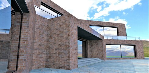 Entrance to the suburban contemporary building finished with brown old brick. Porch with wide concrete comfortable steps. 3d rendering.