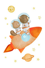 watercolor cute bear and squirrel in an astronaut suit on a spaceship, children's illustration.