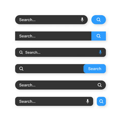 Various search bar templates, dark mode. Internet browser engine with search box, address bar and text field. UI design, website interface element with web icons and push button. Vector illustration