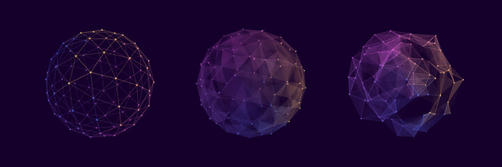 Set of color wireframe spheres. 3d geometric forms icosahedrom. Realistic isolated model. Vector isometric shapes.