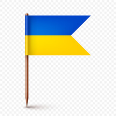 Realistic Ukrainian toothpick flag. Souvenir from Ukraine. Wooden toothpick with paper flag. Location mark, map pointer. Blank mockup for advertising and promotions. Vector illustration