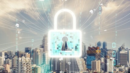 Cyber Security and Alteration Data Protection on Digital Platform . Graphic interface showing secure firewall technology for online data access defense against hacker, virus and insecure information .