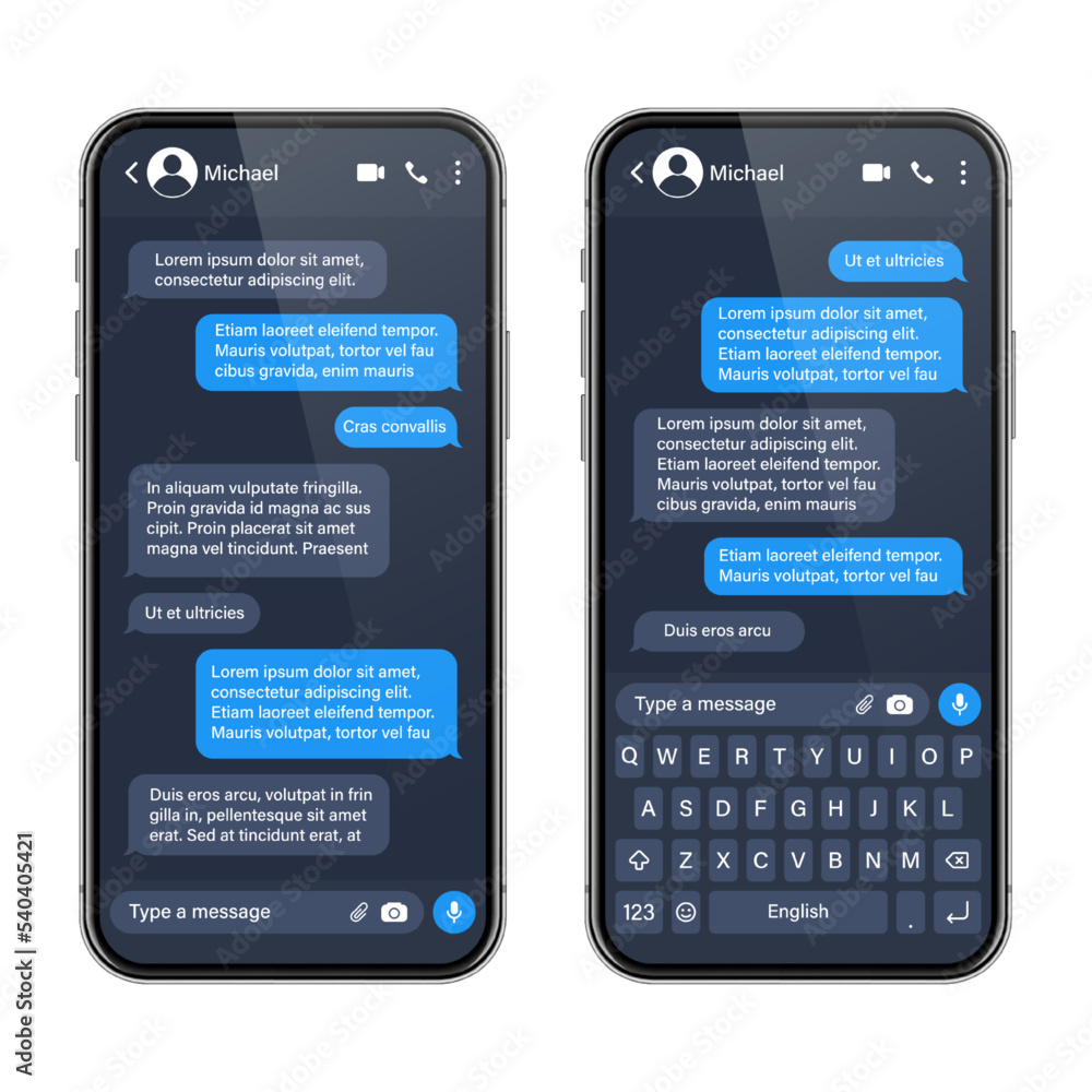 Wall mural realistic smartphone with messaging app. sms text frame. conversation chat screen with blue message 