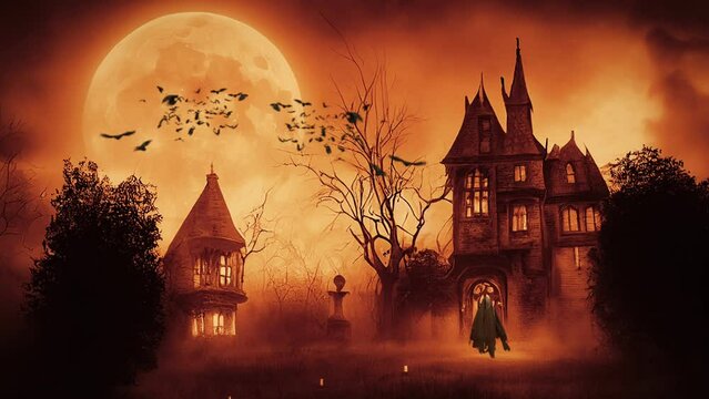 Haunted Halloween house and flying bats over the full moon on old film roll effects animation