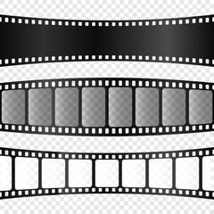 Curved film strips collection. Old retro cinema movie strip. Analog video recording equipment. Vector illustration