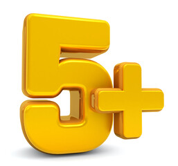 5 plus 3d. 5 plus age restriction sign isolated on white background. shiny age restriction sign. 3d rendering