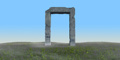 Nature landscape with grass field and ruin teleport, ancient portal or old gate. Abstract realistic 3d illustration. Creative modern surreal ambient panoramic background. Minimal fantasy art render.