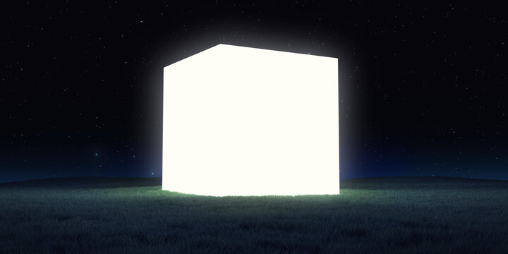 Creative modern surreal ambient panoramic background. Night landscape with grass field and neon light square form, box or cube. Abstract realistic 3d illustration. Minimal fantasy art render.