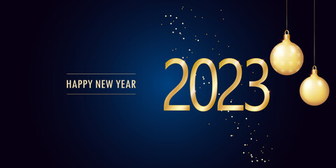 Happy new year 2022. Numbers with golden Christmas decoration on dark blue background.