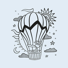 Hot air balloon with cute little giraffe. Little adventurer. Cartoon aircraft with clouds and moon