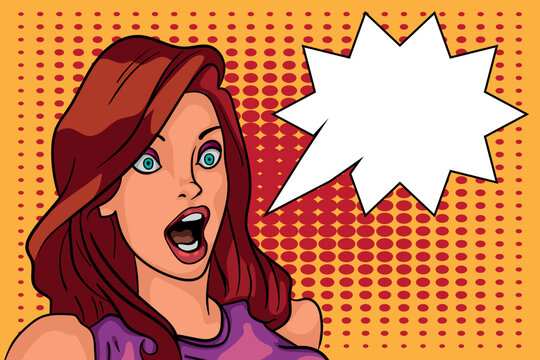 Hand drawn pop art illustration of shocked young woman looking forward with surprise