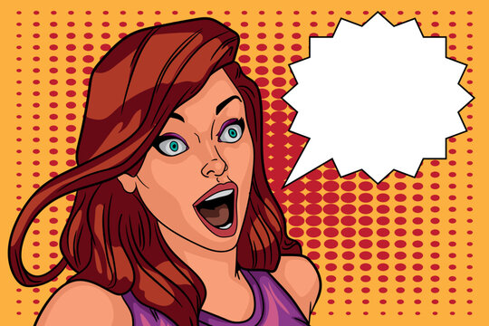 Hand drawn pop art illustration of surprised young woman looking forward in surprise