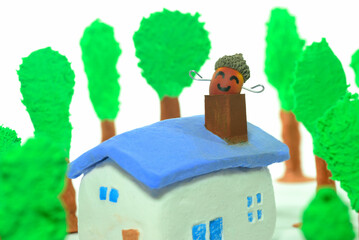 粘土細工の森林とキャラクターのドングリにミニチュアの家