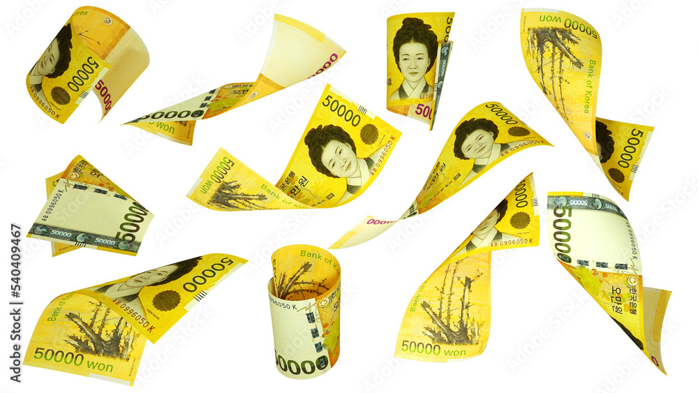 Poster 3d rendering of 50000 south korean won notes flying in different angles and orientations isolated on