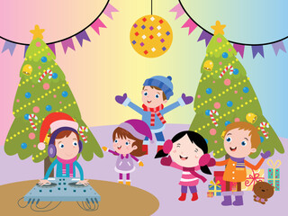 Kids having fun on music christmas party cartoon vector illustration
