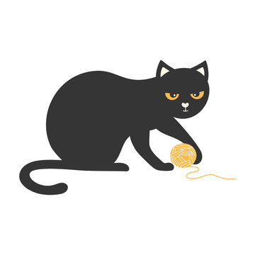 cartoon black cat plays with ball of thread
