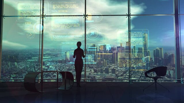 Female silhouette in the office in front of a holographic projection, 3D render.