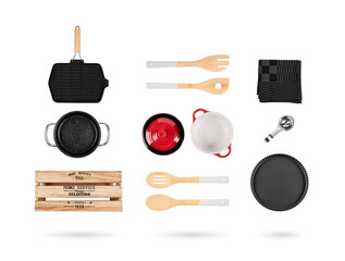 Cooking set. White background. Appliances and utensils. Isolated. Casserole dish, griddle, kitchen towel, cake tin. Precision cut and impeccable finish that allows the addition of colored backgrounds.