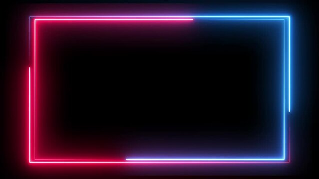 Inverted Direction Spinning neon frame animation. Loop of double rectangle with glowing pink and blue neon colors.