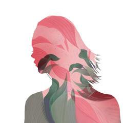 The pink silhouette of a woman with short hair, leaves, flowers, nature, digital illustration, transparent background