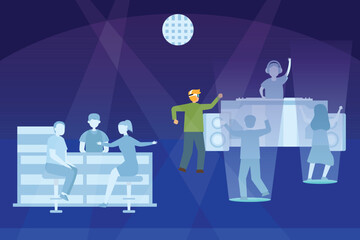 People dancing in a bar or nightclub in metaverse 2d vector illustration concept for banner, website, illustration, landing page, flyer, etc.