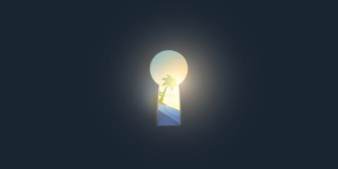 Hope, Curiosity, Dreaming or New Idea Concept - Key Hole Shaped Exit on Dark Blue Wall, Sun Light, Palm Tree, Sea, Tropical Island Outside - Template for Business, Vector Design in Editable Format