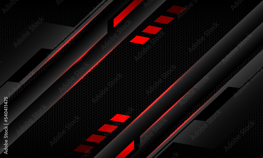 Poster abstract metallic red line black cyber dynamic geometric banner on black hexagon mesh pattern design