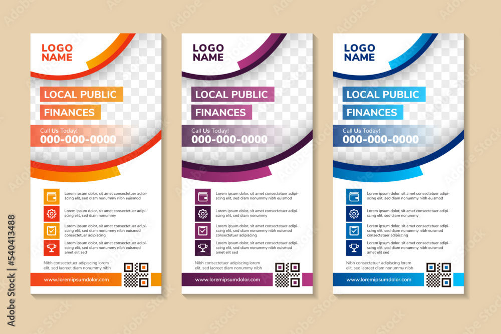 Poster local public finance roll up banner design template with natural shape and three different gradient 