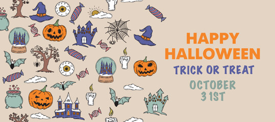 Fototapeta premium Halloween symbols hand drawn illustrations 