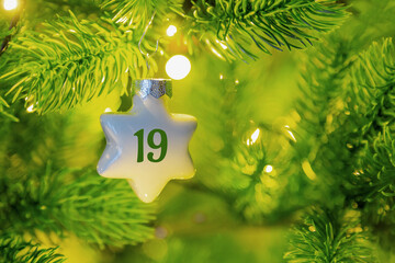 ein Weihnachtsstern mit einer Zahl (19) am Weihnachtsbaum