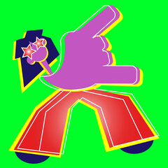 Bright rock and roll star shows hand gesture Rock sign. Cartoon abstract character. Modern hand drawn vector illustrations.