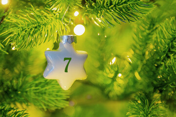 ein Weihnachtsstern mit einer Zahl (7) am Weihnachtsbaum
