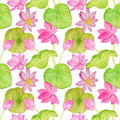 Seamless pattern with pink lotus flowers and green leaves painted in watercolor on a white background.