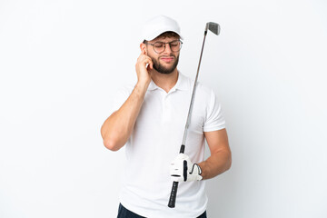 Handsome young man playing golf  isolated on white background frustrated and covering ears