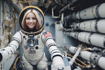 Beautiful female astronaut take a selfie on orbital space station with engine room in the background.Cosmic job and tourism development.Illustration, digital painting - obrazy, fototapety, plakaty