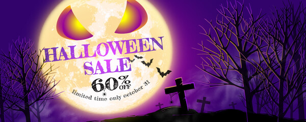 Halloween banner special sale 60% off purple pink background banner with full moon, bats, spiders, cobwebs, tombstones and crosses Designed to promote online sales.