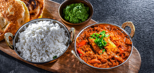 Butter chicken with rice and naan bread served in karahi pots