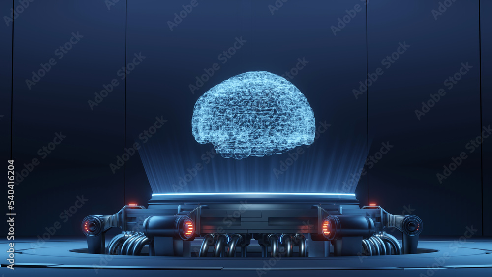 Poster 3d rendering of human brain hologram projected from sci fi led device. for futuristic background con